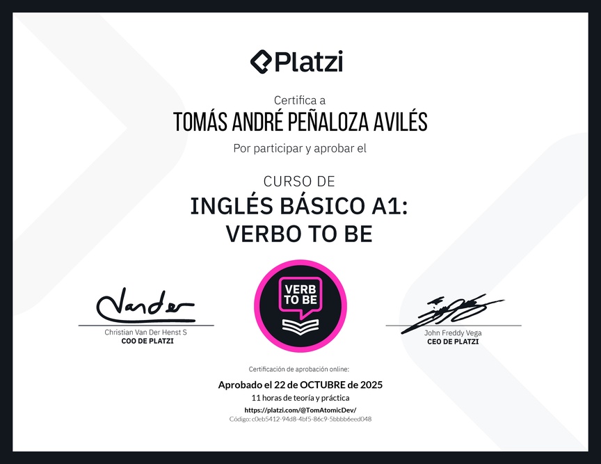 Diploma del Curso de Inglés Básico A1: Verbo To Be