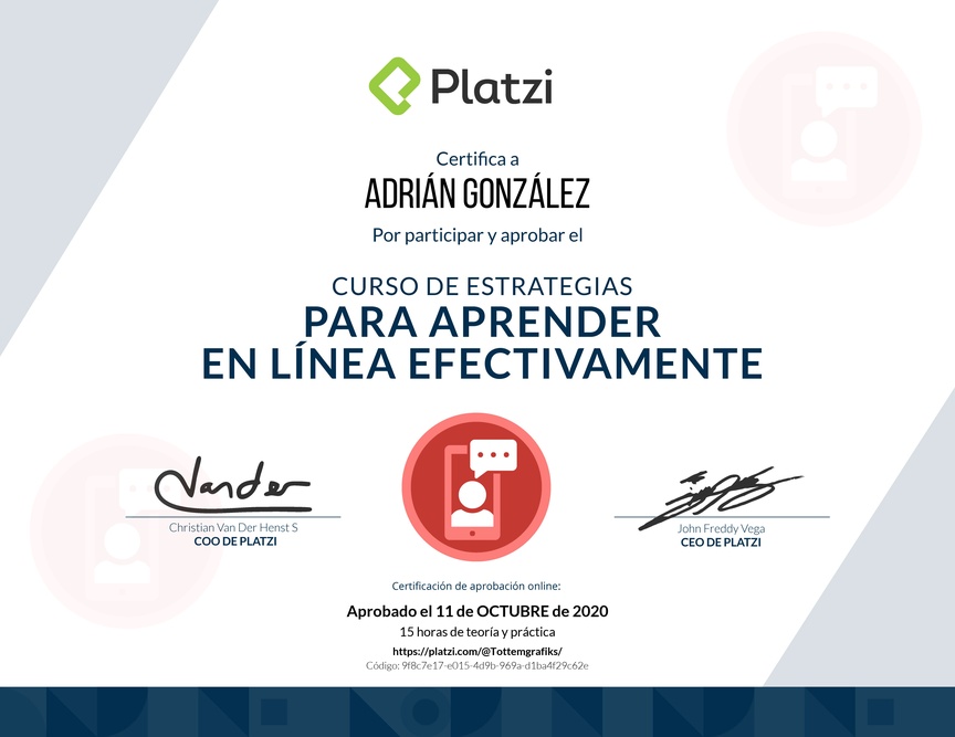 Diploma del Curso de Estrategias para Aprender en Línea Efectivamente 2019