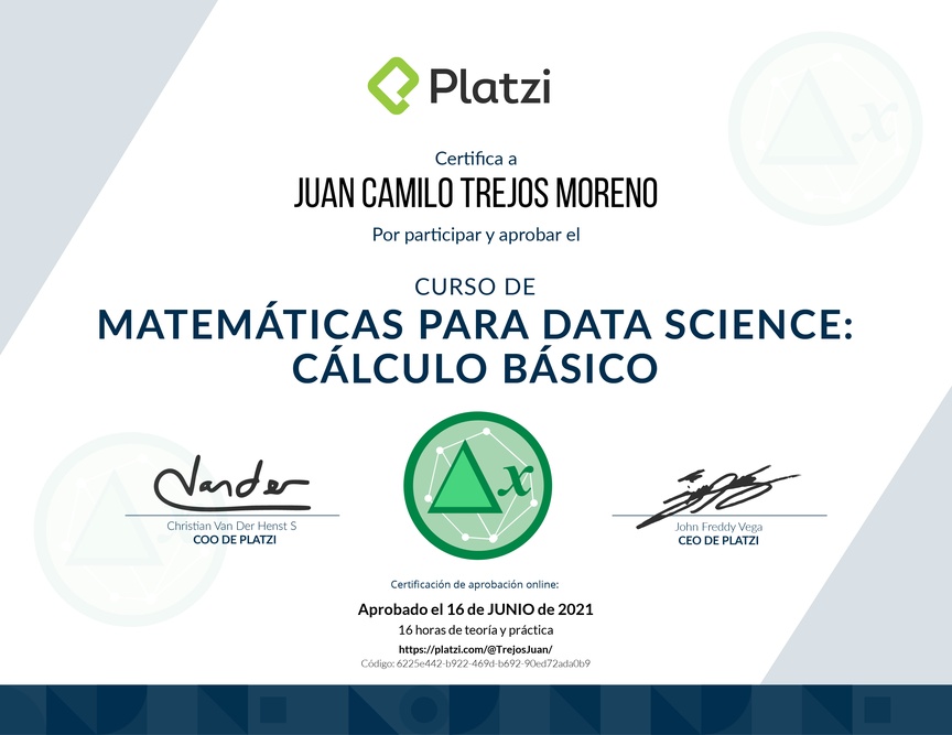 Diploma del Curso de Matemáticas para Data Science: Cálculo Básico