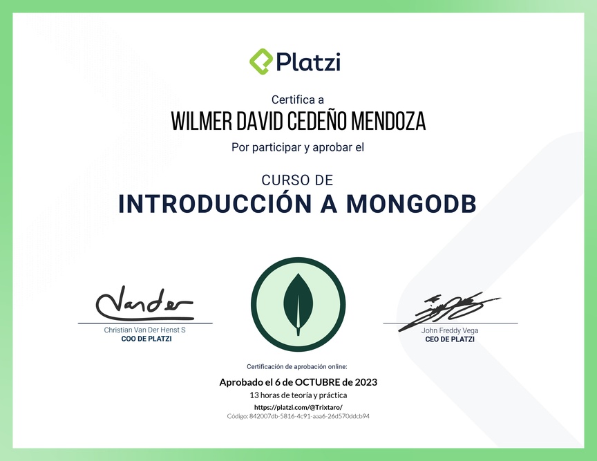 Diploma del Curso de Introducción a MongoDB