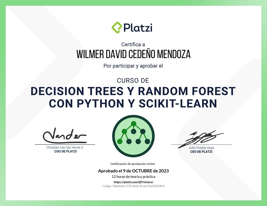 Diploma del Curso de Decision Trees y Random Forest con Python y scikit-learn