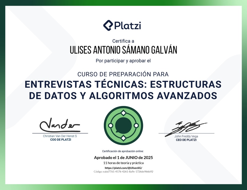 Diploma del Curso de Entrevistas Técnicas: Estructuras de Datos y Algoritmos Avanzados