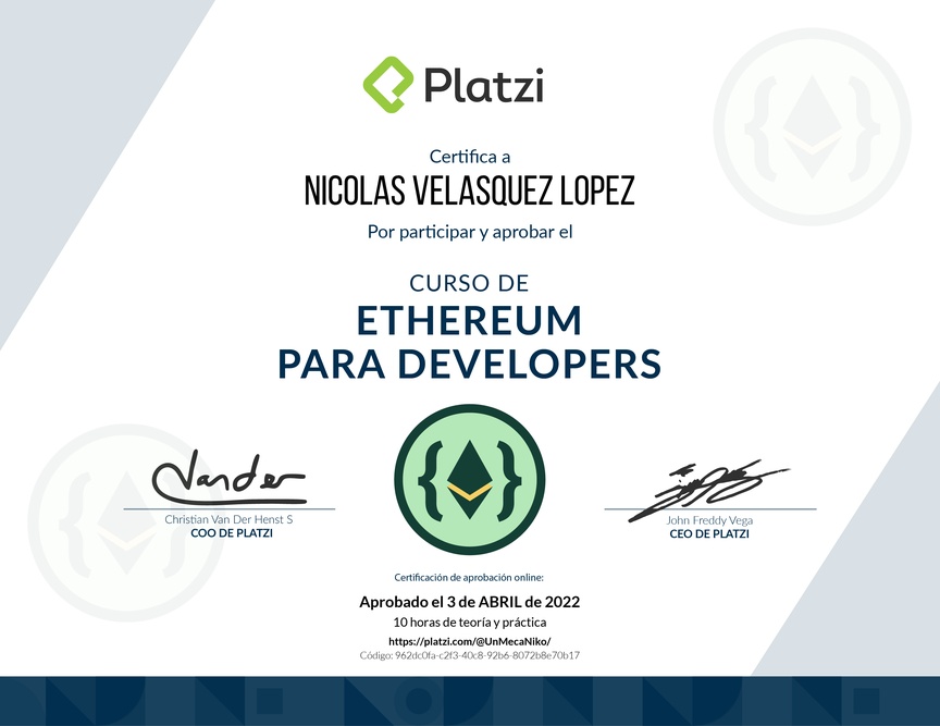 Diploma del Curso de Ethereum para Developers