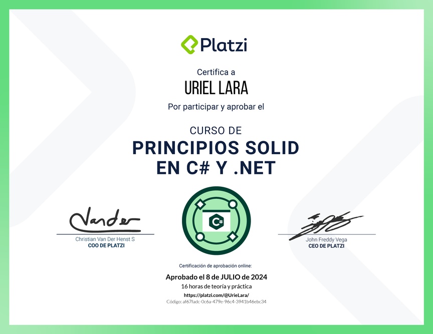Diploma del Curso de Principios SOLID en C# y .NET