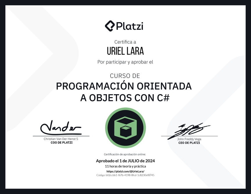 Diploma del Curso de Programación Orientada a Objetos con C#