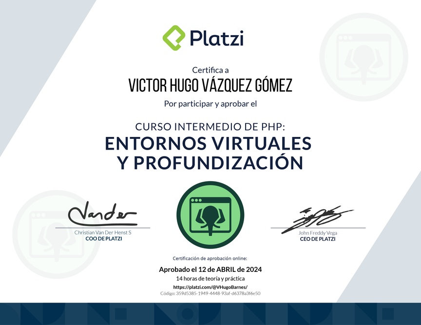 Diploma del Curso de PHP: Entornos Virtuales y Funciones Avanzadas