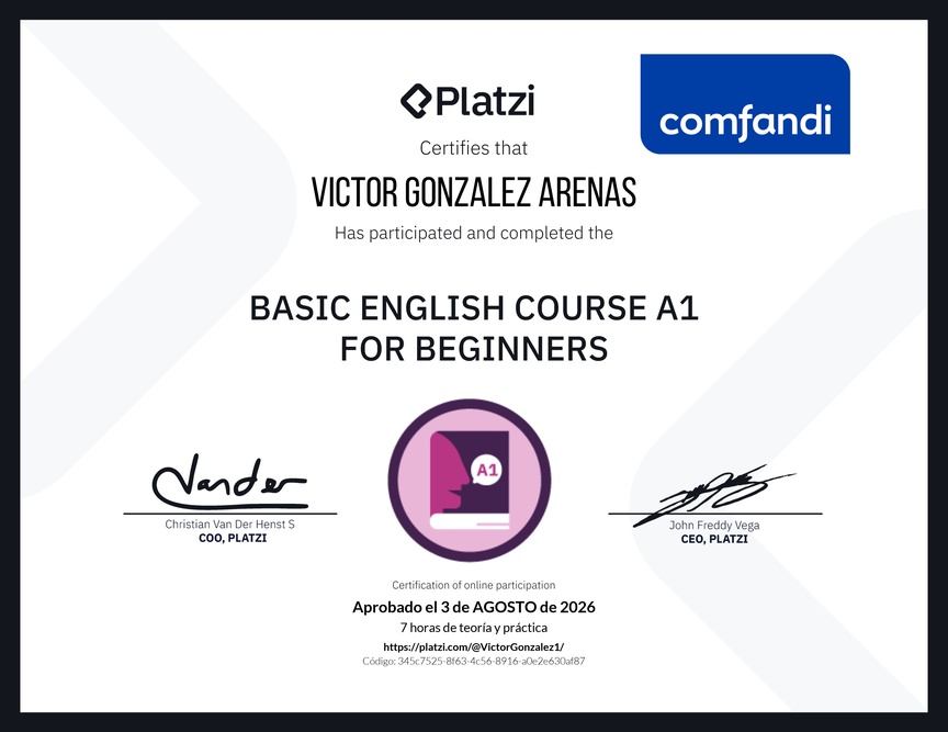 Diploma del Curso de Inglés Básico A1 para Principiantes