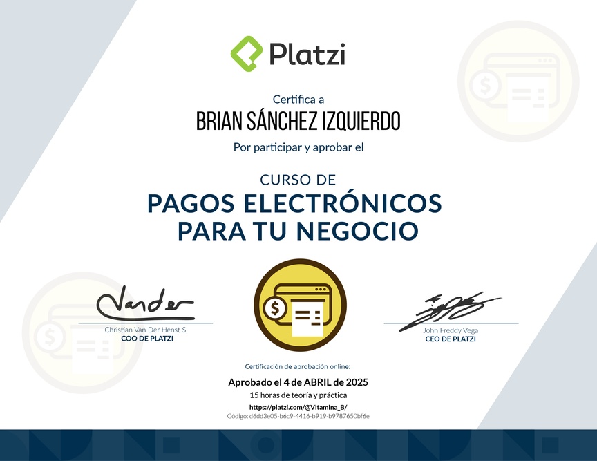 Diploma del Curso de E-Commerce para Implementar Pagos Electrónicos