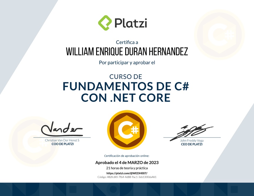 Diploma de Fundamentos de C# con NET Core 2.1