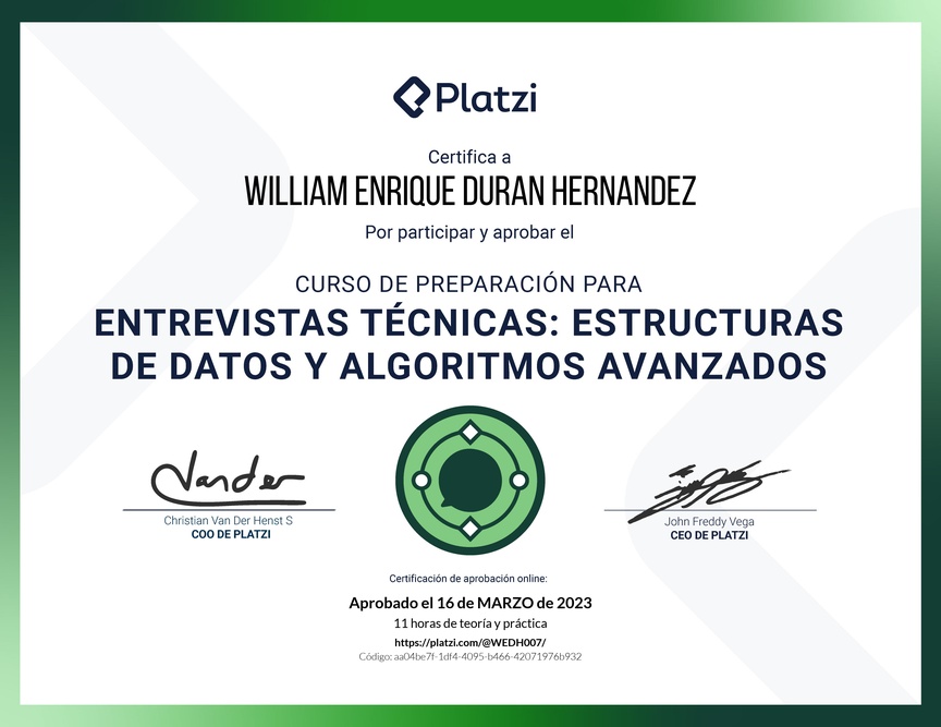 Diploma del Curso de Entrevistas Técnicas: Estructuras de Datos y Algoritmos Avanzados
