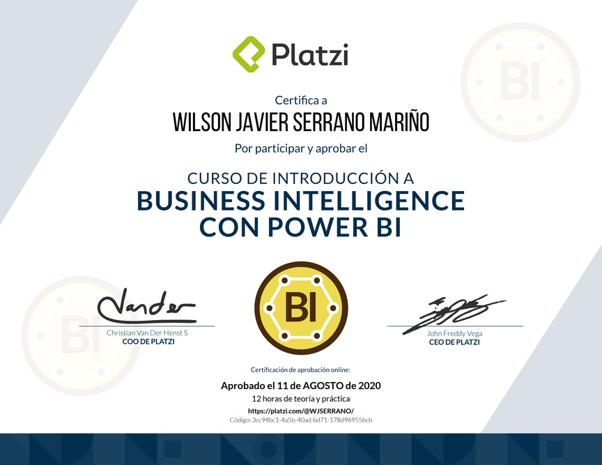 Diploma del Curso de Introducción a Business Intelligence con Power BI