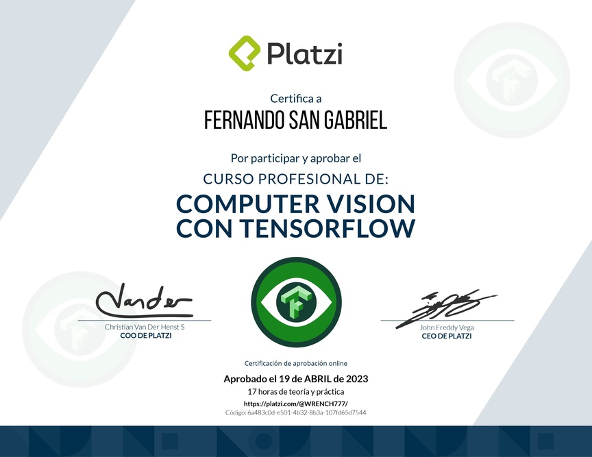 Diploma del Curso Profesional de Computer Vision con TensorFlow