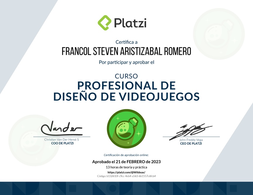 Diploma del Curso Profesional de Diseño de Videojuegos