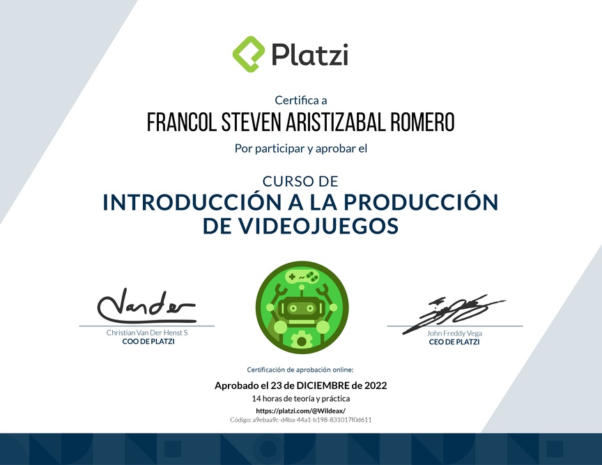Diploma del Curso de Introducción a la Producción de Videojuegos