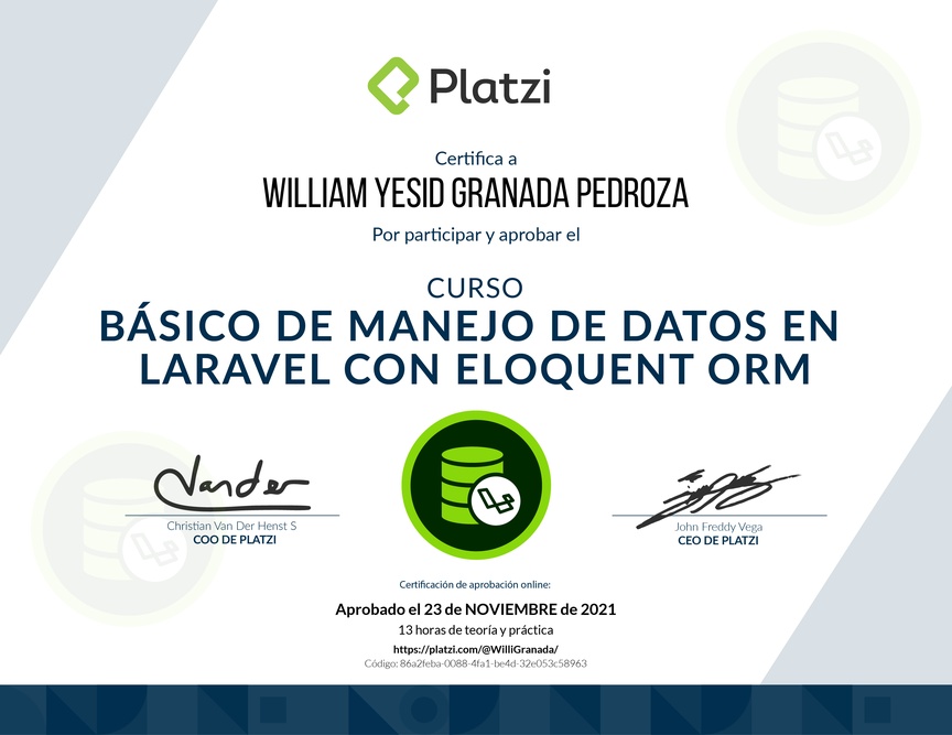 Diploma del Curso Básico de Manejo de Datos en Laravel con Eloquent ORM