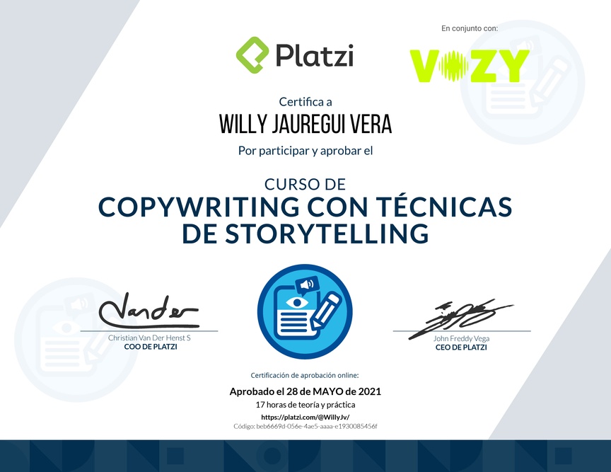 Diploma del Curso de Copywriting con Técnicas de Storytelling