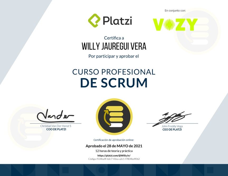 Diploma del Curso Profesional de Scrum