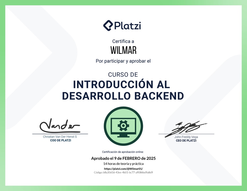 Diploma del Curso de Introducción al Desarrollo Backend