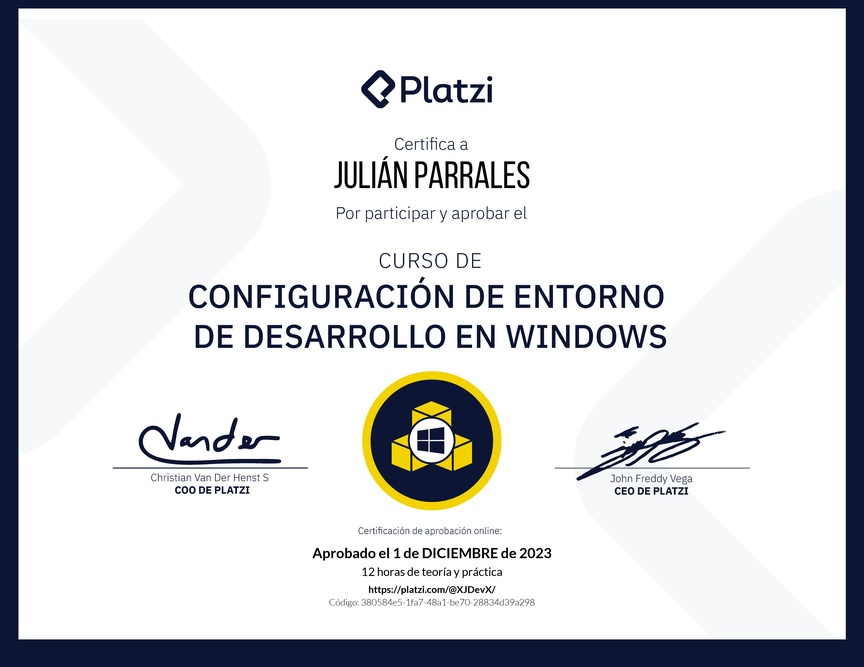 Diploma del Curso de Configuración de Entorno de Desarrollo en Windows