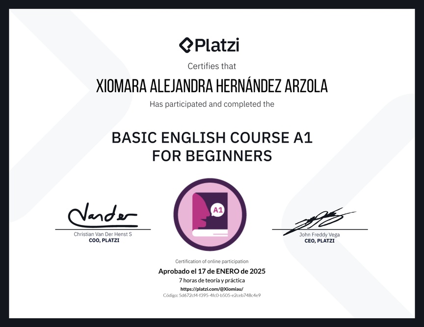 Diploma del Curso de Inglés Básico A1 para Principiantes