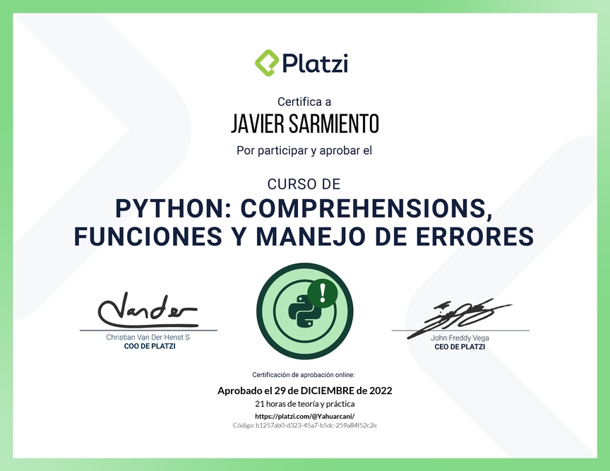 Diploma del Curso de Python: Comprehensions, Funciones y Manejo de Errores