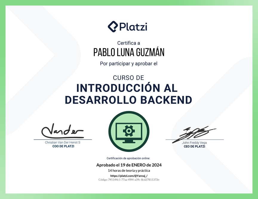 Diploma del Curso de Introducción al Desarrollo Backend