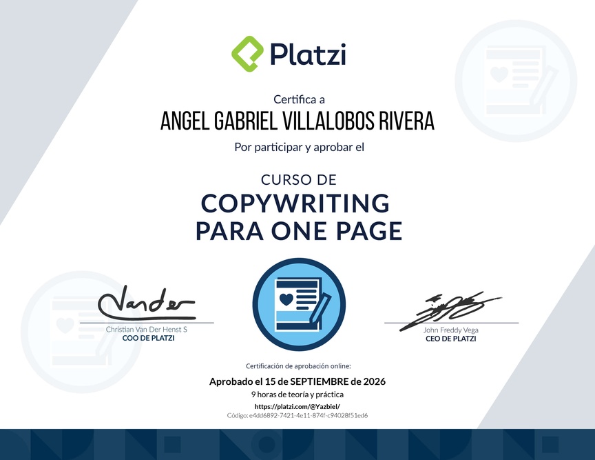 Diploma del Curso de Copywriting para One Page Web