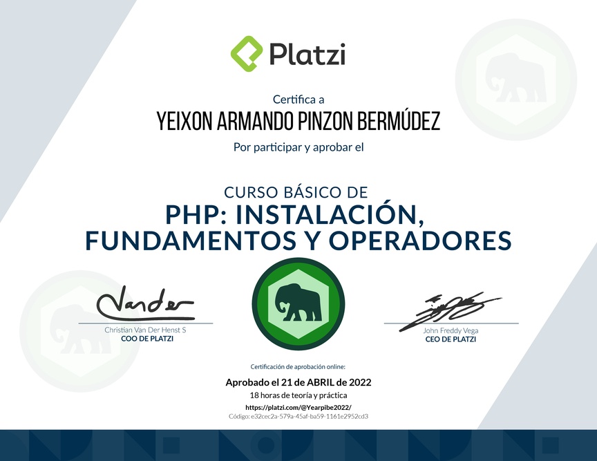 Diploma del Curso Básico de PHP: Instalación, Fundamentos y Operadores