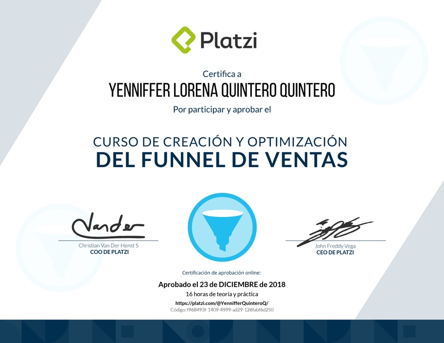 Diploma del Curso de Creación y Optimización del Funnel de Ventas 2017