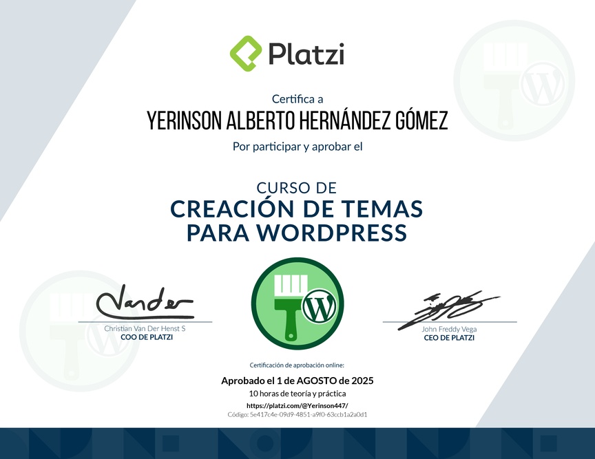 Diploma del Curso de Creación de Temas para WordPress