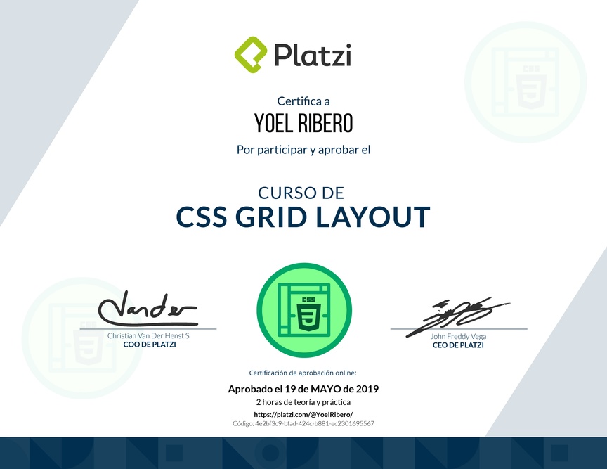 Diploma del Curso de CSS Grid Layout 2017