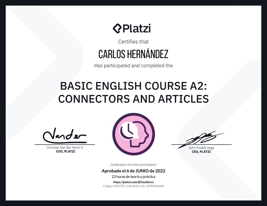 Diploma del Curso de Inglés Básico A2: Conectores y Artículos