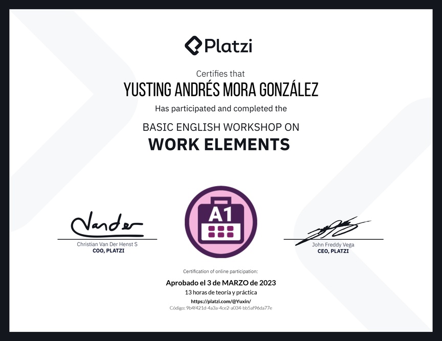 Diploma del Curso de Inglés Práctico sobre Elementos de Trabajo