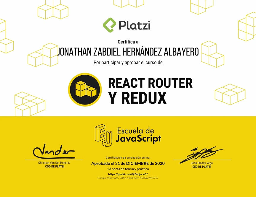 Diploma del Curso de React Router 5 y Redux