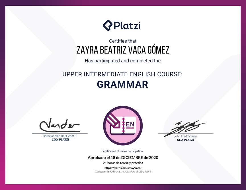 Diploma del Curso Intermedio Alto de Gramática en Inglés (2020)