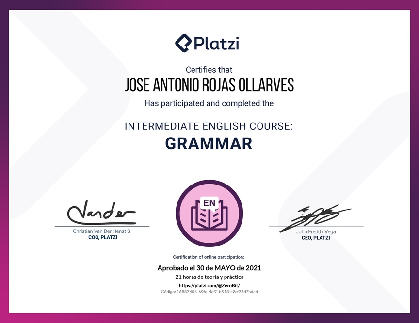 Diploma del Curso Intermedio de Gramática en Inglés (2020)