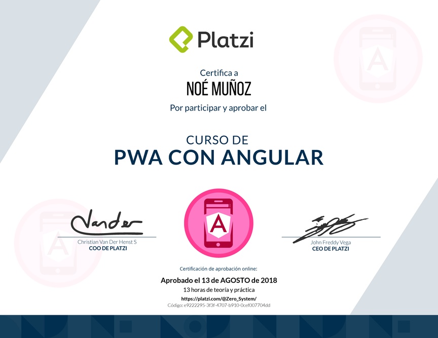 Diploma del Curso de PWA con Angular 2018