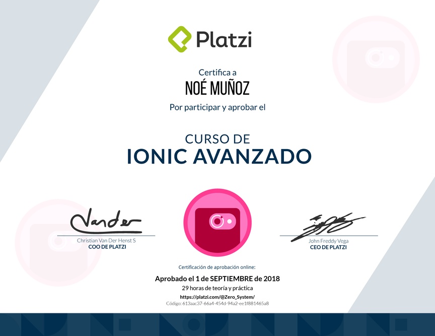 Diploma del Curso de Ionic Avanzado 2017