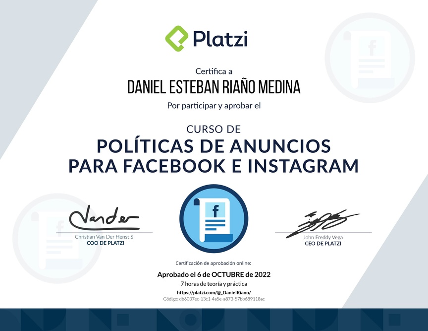 Diploma del Curso de Políticas de Anuncios en Facebook e Instagram