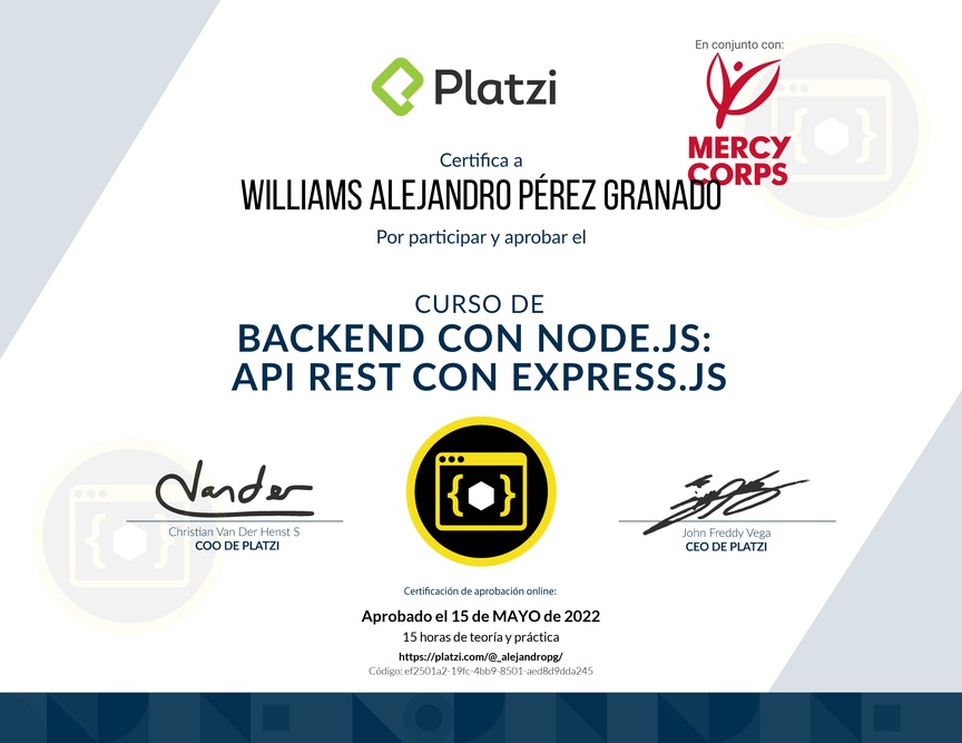 Diploma del Curso de Backend con Node.js: API REST con Express.js
