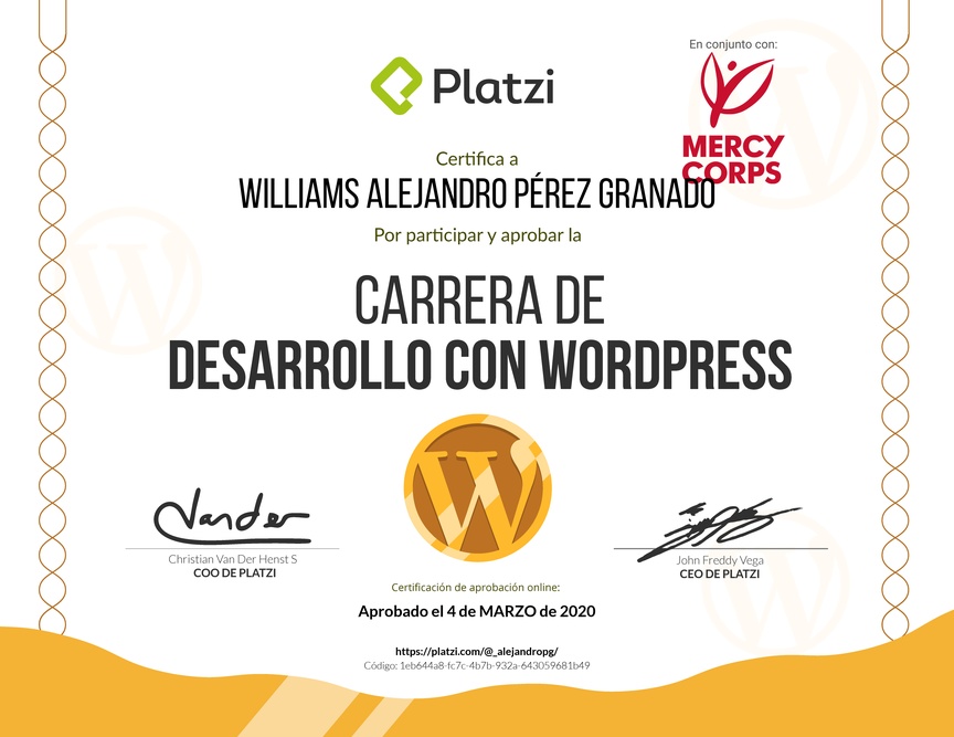 Diploma de la Ruta de Aprendizaje de Desarrollo con WordPress
