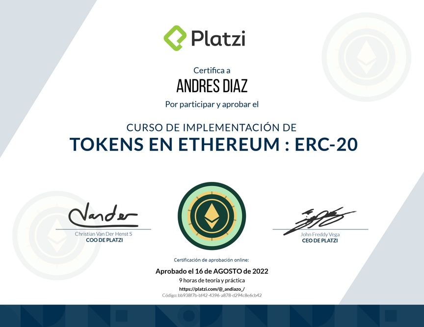 Diploma del Curso de Tokens en Ethereum: Implementación con ERC-20