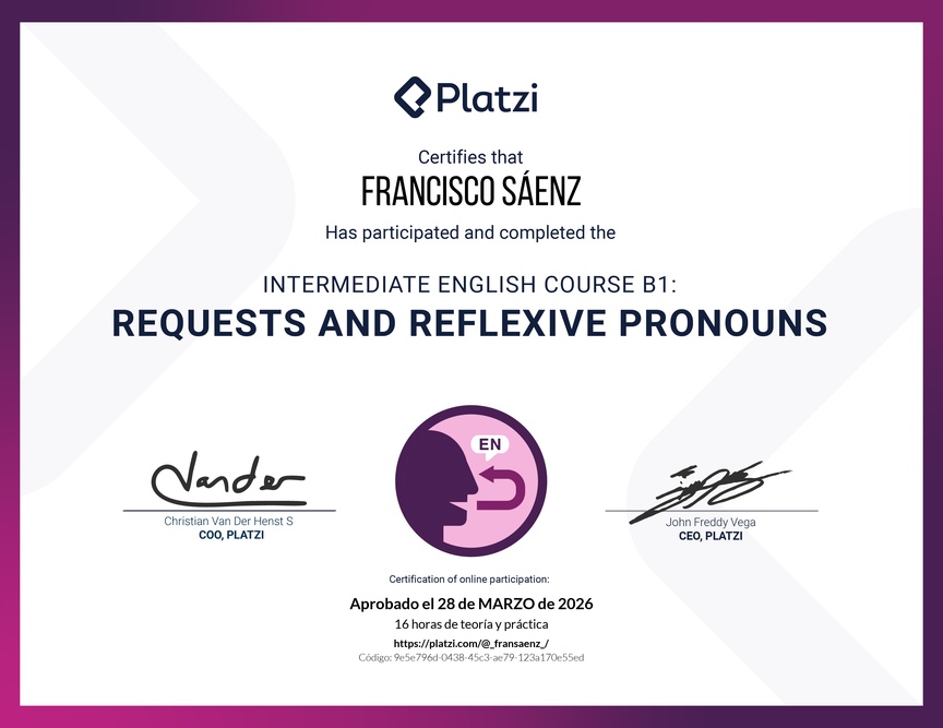 Diploma del Curso de Inglés Intermedio B1: Solicitudes y Pronombres Reflexivos