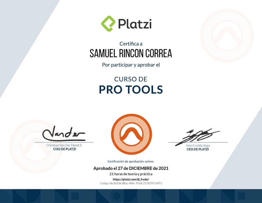 Diploma del Curso de Pro Tools