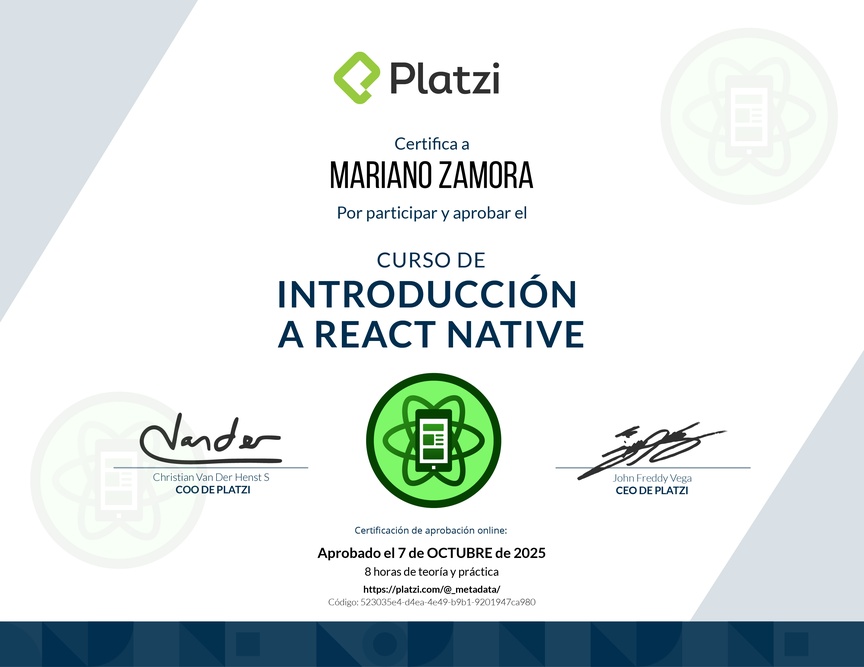 Diploma del Curso de Introducción a React Native