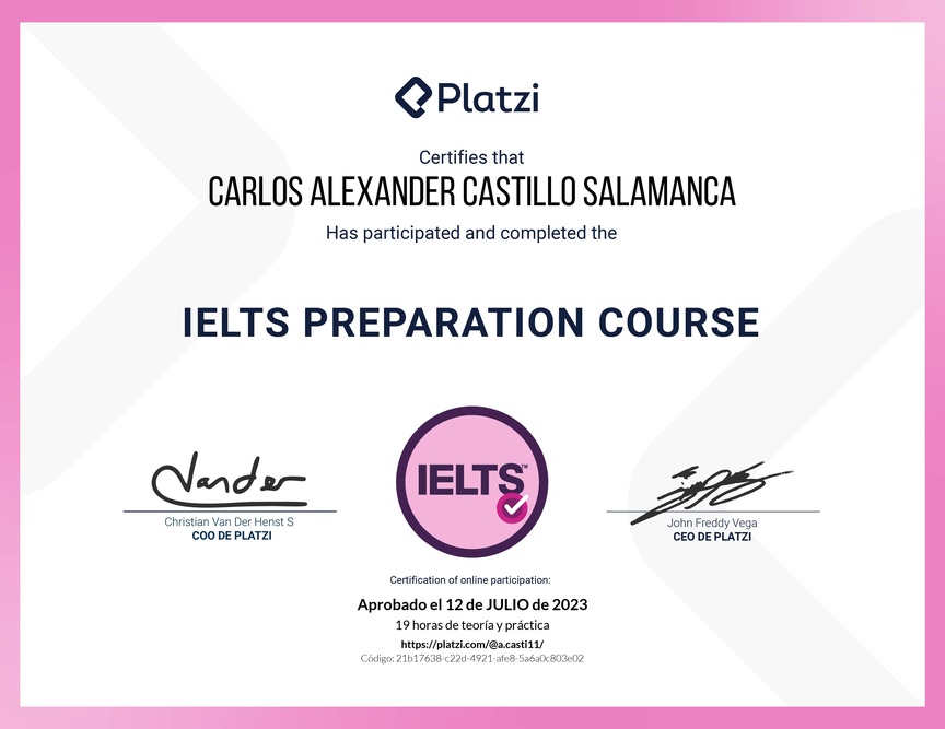 Diploma del Curso de Inglés para Preparación de IELTS (2020)