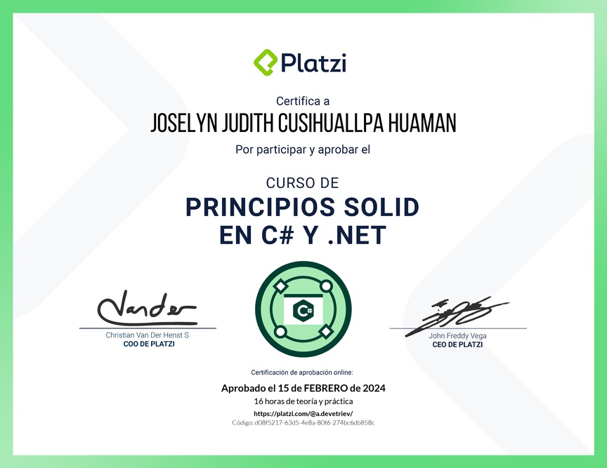 Diploma del Curso de Principios SOLID en C# y .NET