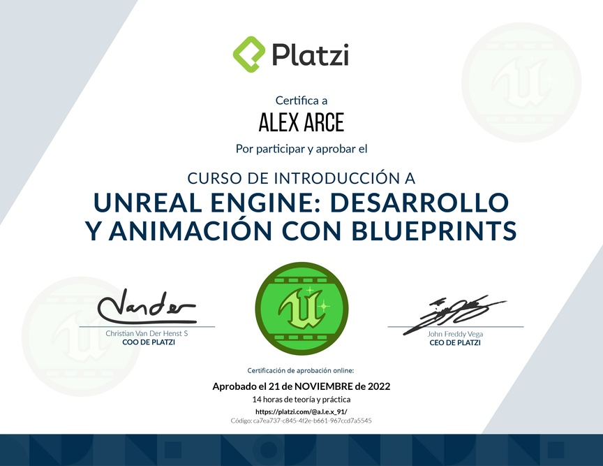 Diploma del Curso de Introducción a Unreal Engine: Desarrollo y Animación con Blueprints