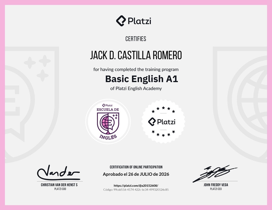 Diploma de la Ruta de Aprendizaje de Inglés Básico A1