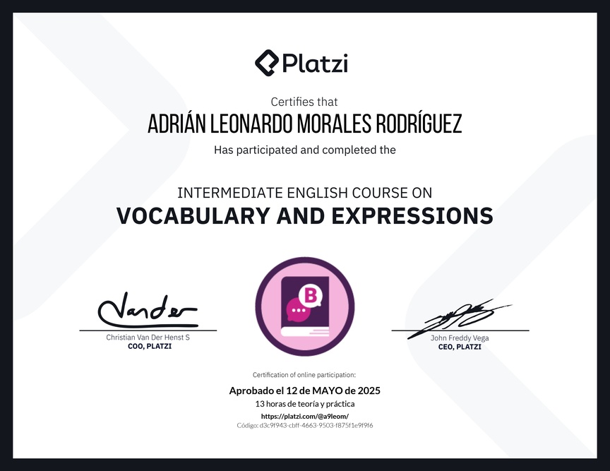 Diploma del Curso Intermedio de Vocabulario y Expresiones en Inglés